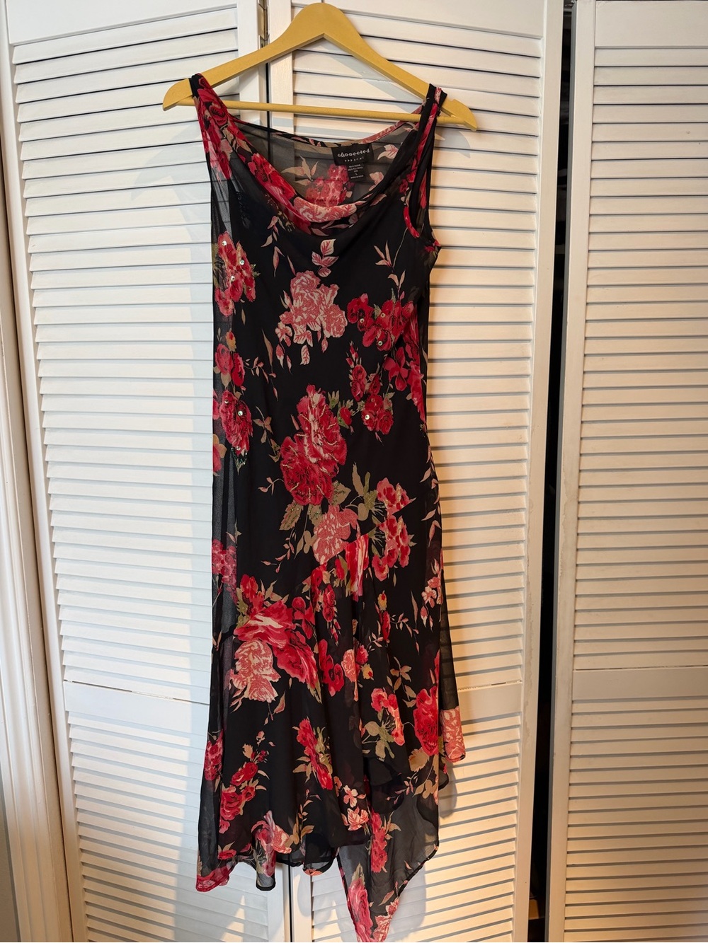 connected apparel Black Slip Dress with Red Floral Print